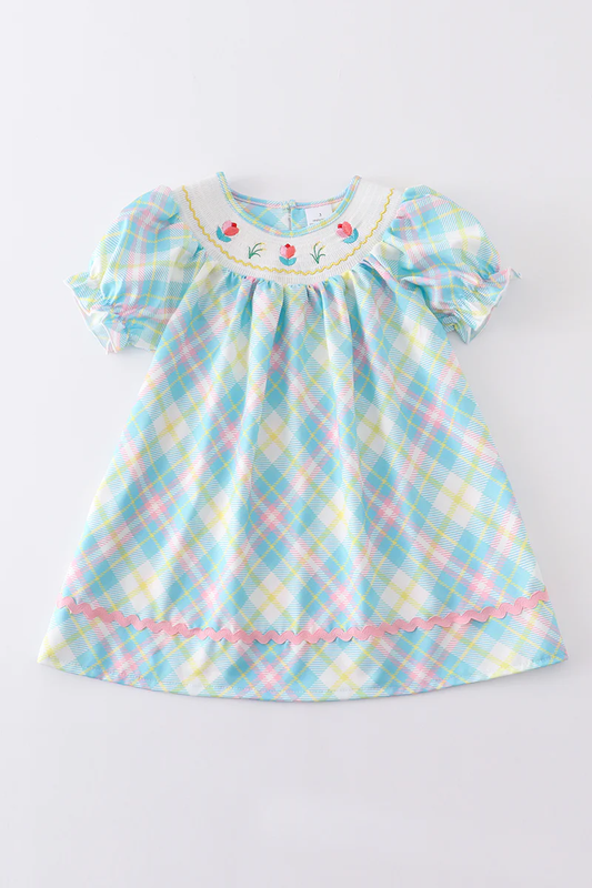 Blue Plaid tulip Smocked Dress