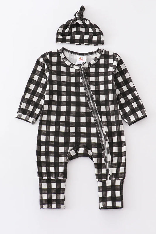 Black plaid romper with hat