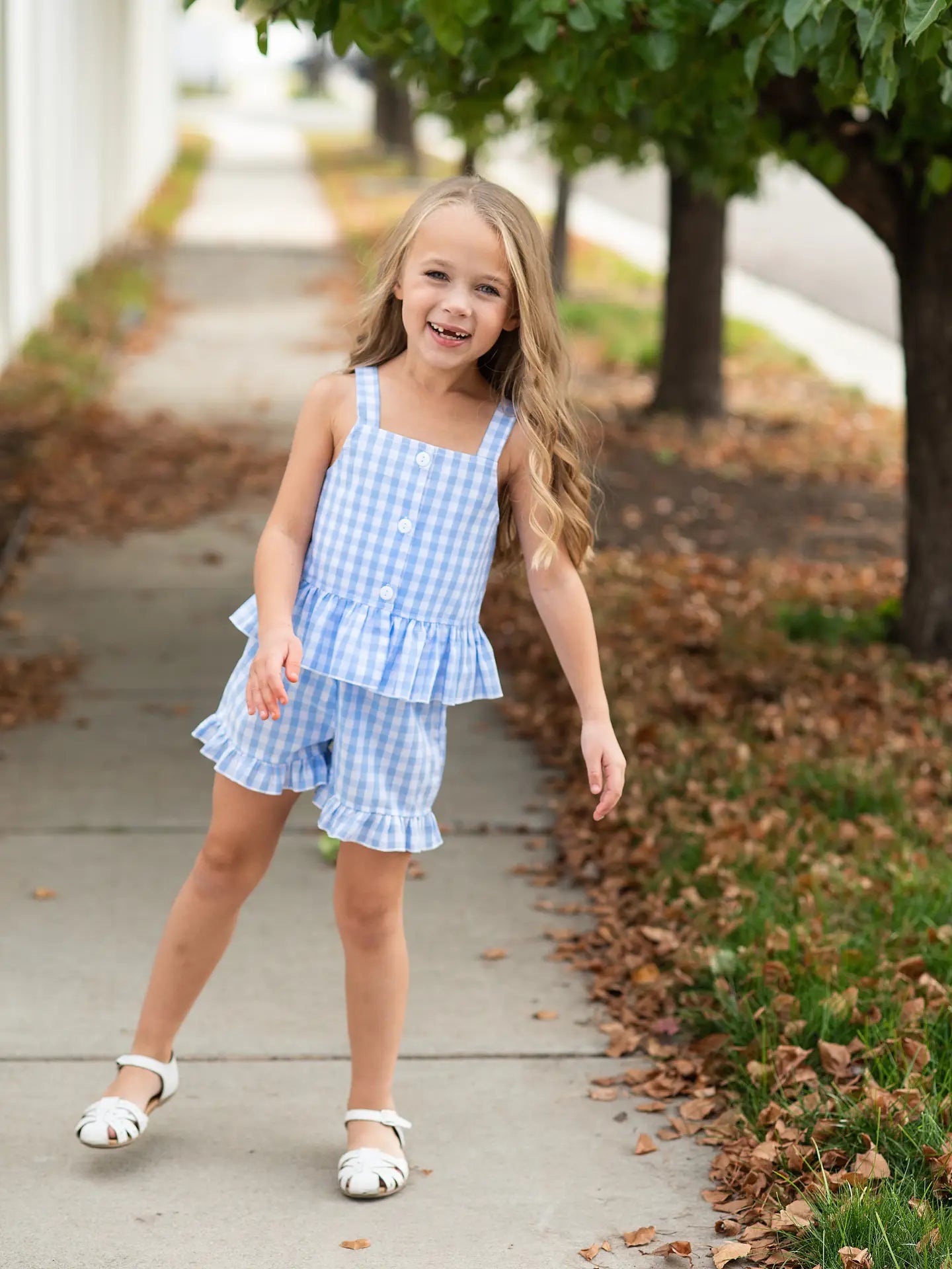 Girls blue and white gingham ruffle set