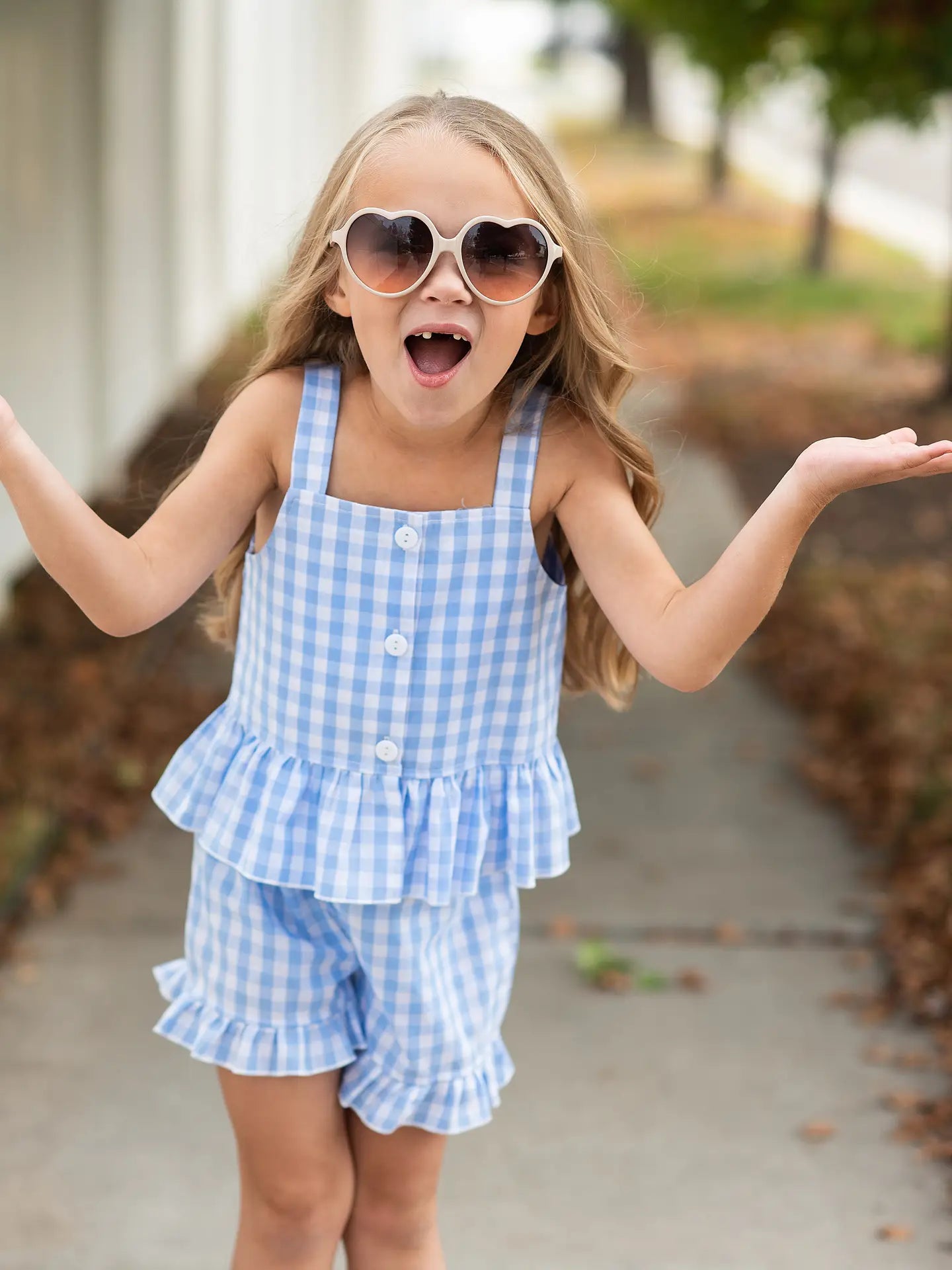 Girls blue and white gingham ruffle set