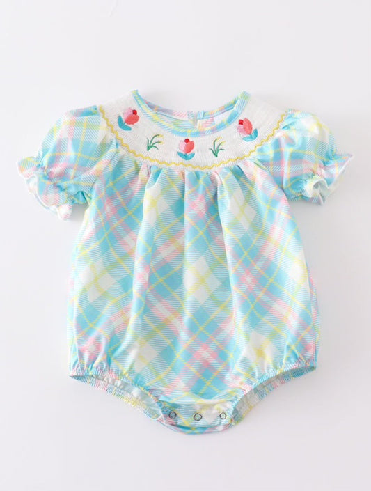 Baby blue plaid smocked romper