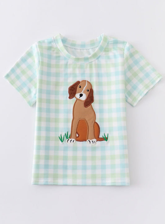 Dog applique plaid top boys