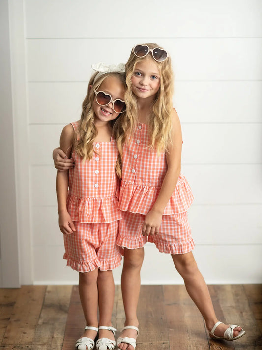 Girls peach and white gingham ruffle set