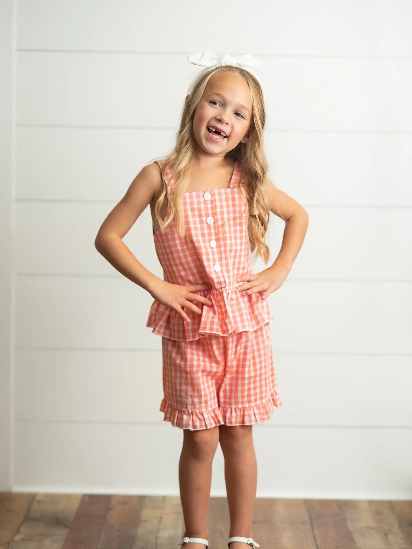 Girls peach and white gingham ruffle set