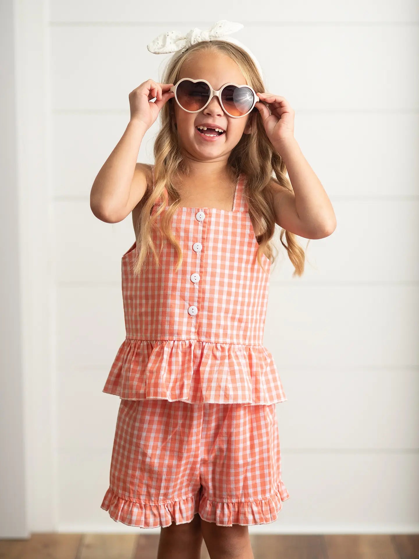 Girls peach and white gingham ruffle set